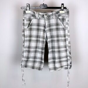 Y2K Nitrogen Plaid Cotton Stretch Bermuda Cargo Shorts Size 27 Gray Ruched Side